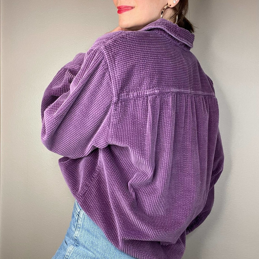 LL Bean wide wale corduroy aubergine purple button-down collared shirt L - Picture 15 of 17